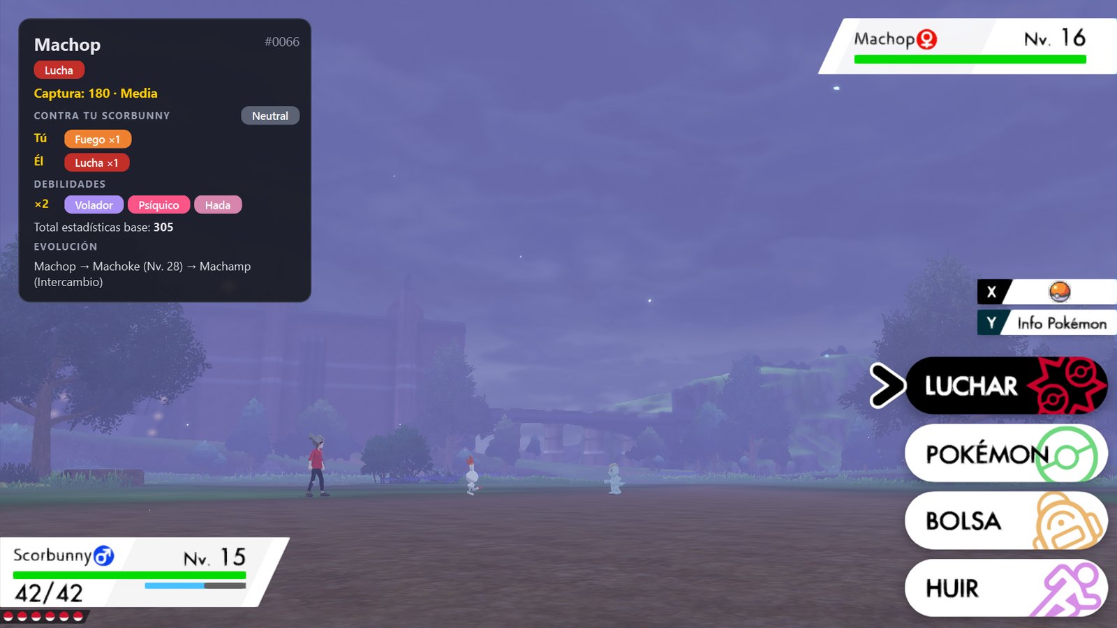 Pokémon Sword battle against a wild Machop with the BattleLens card showing its type, catch rate, matchup against Scorbunny, weaknesses and evolution