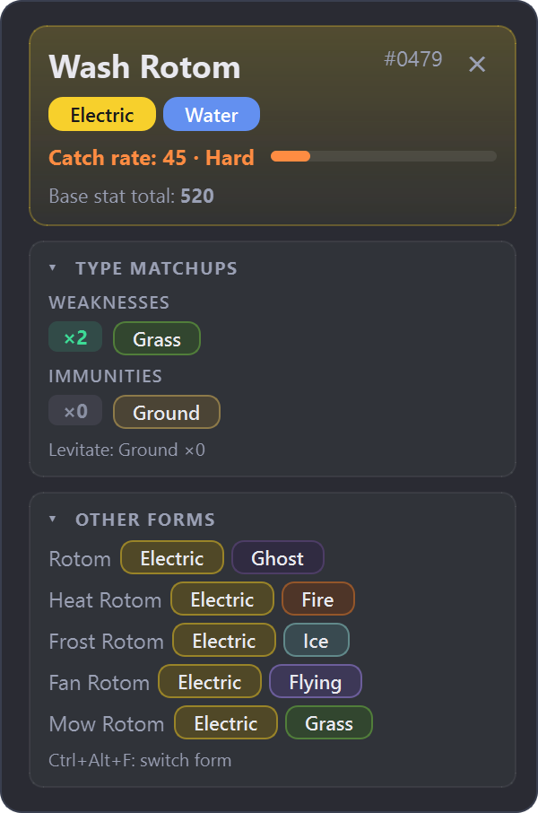 Wash Rotom card listing its other forms