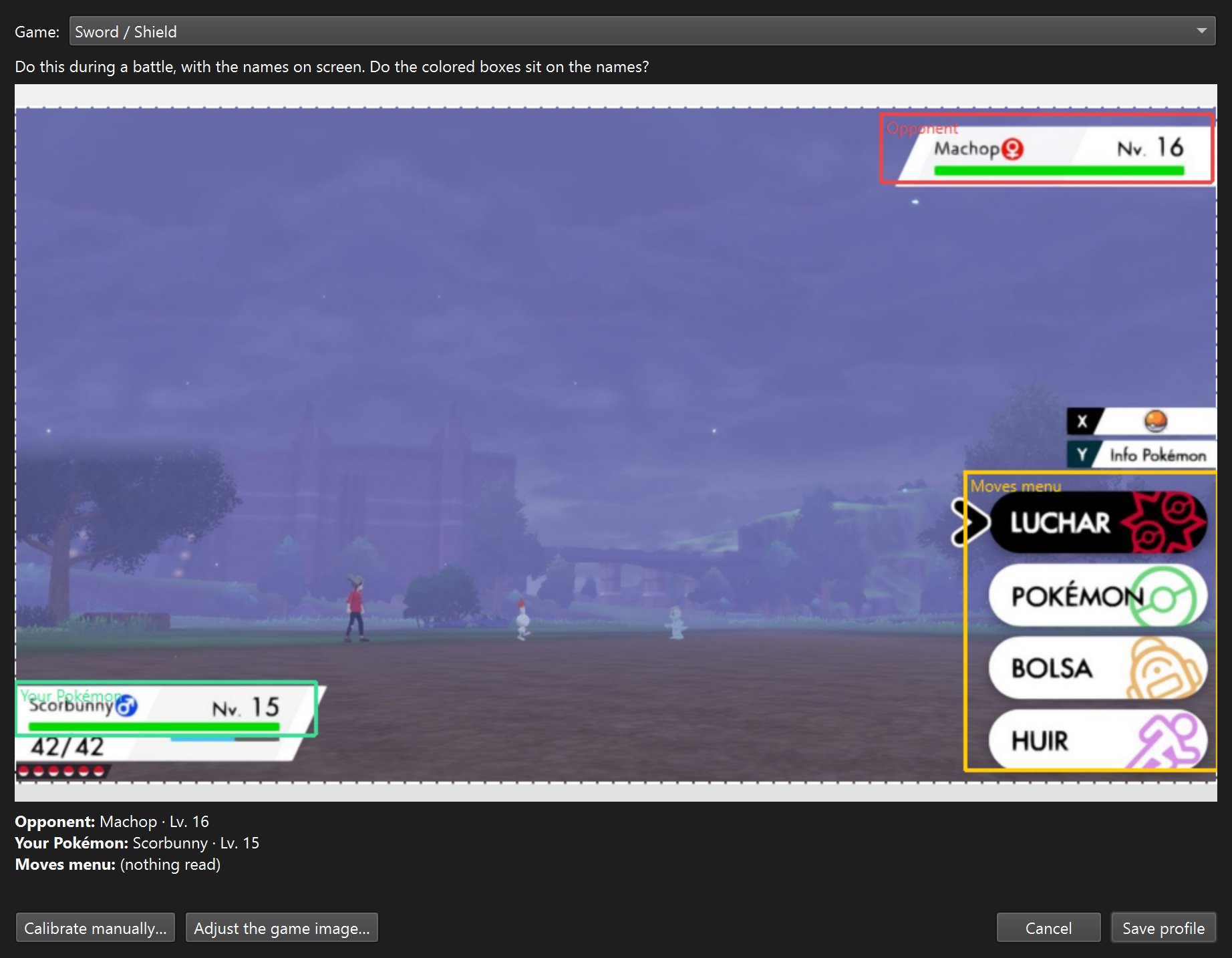 Preset wizard with the opponent, your Pokémon and Fight menu boxes over a Pokémon Sword screenshot