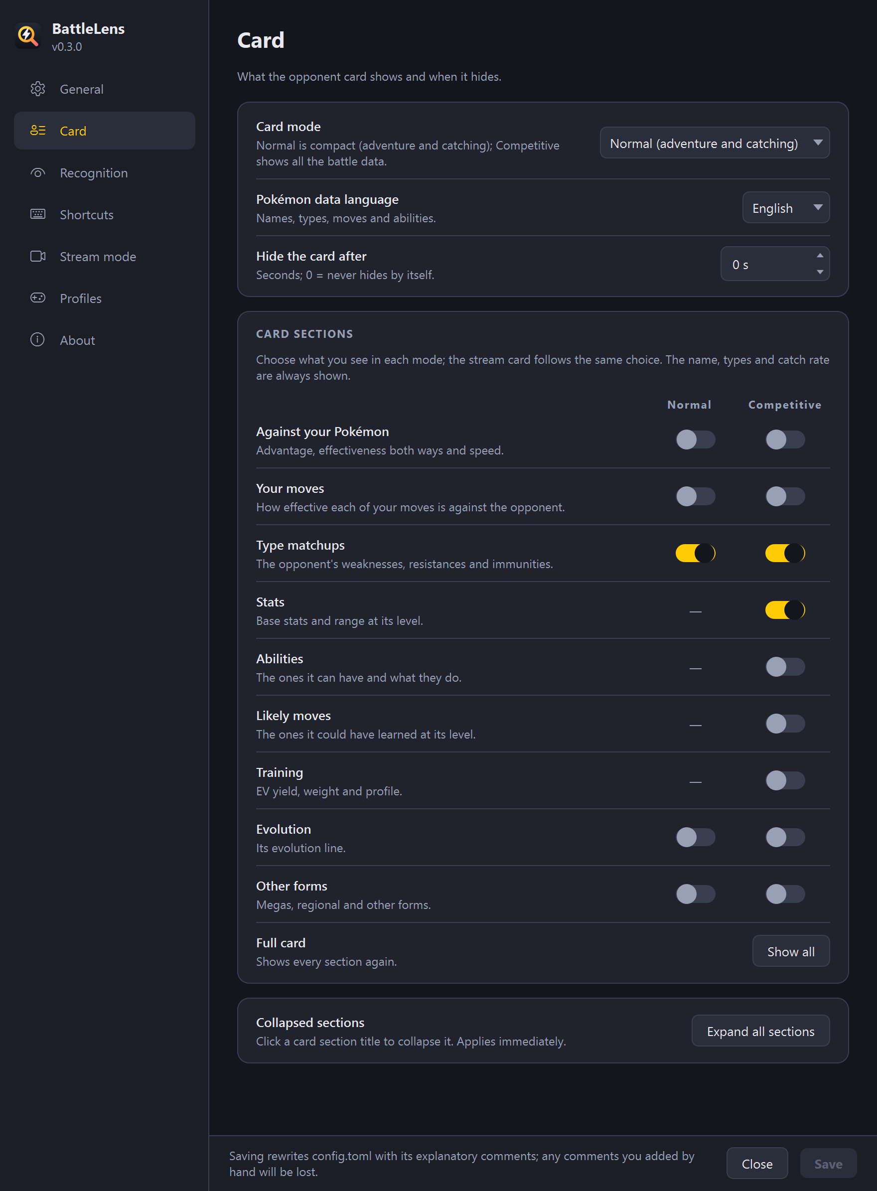 Settings, Card section, with a switch per section for Normal and Competitive