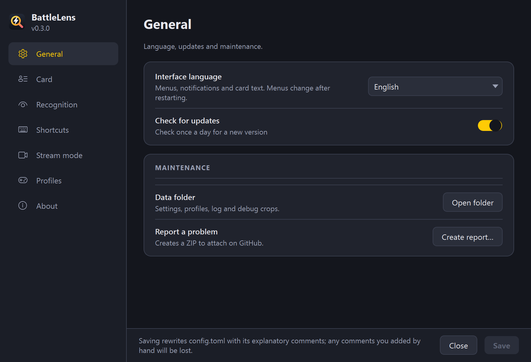 Settings, General section