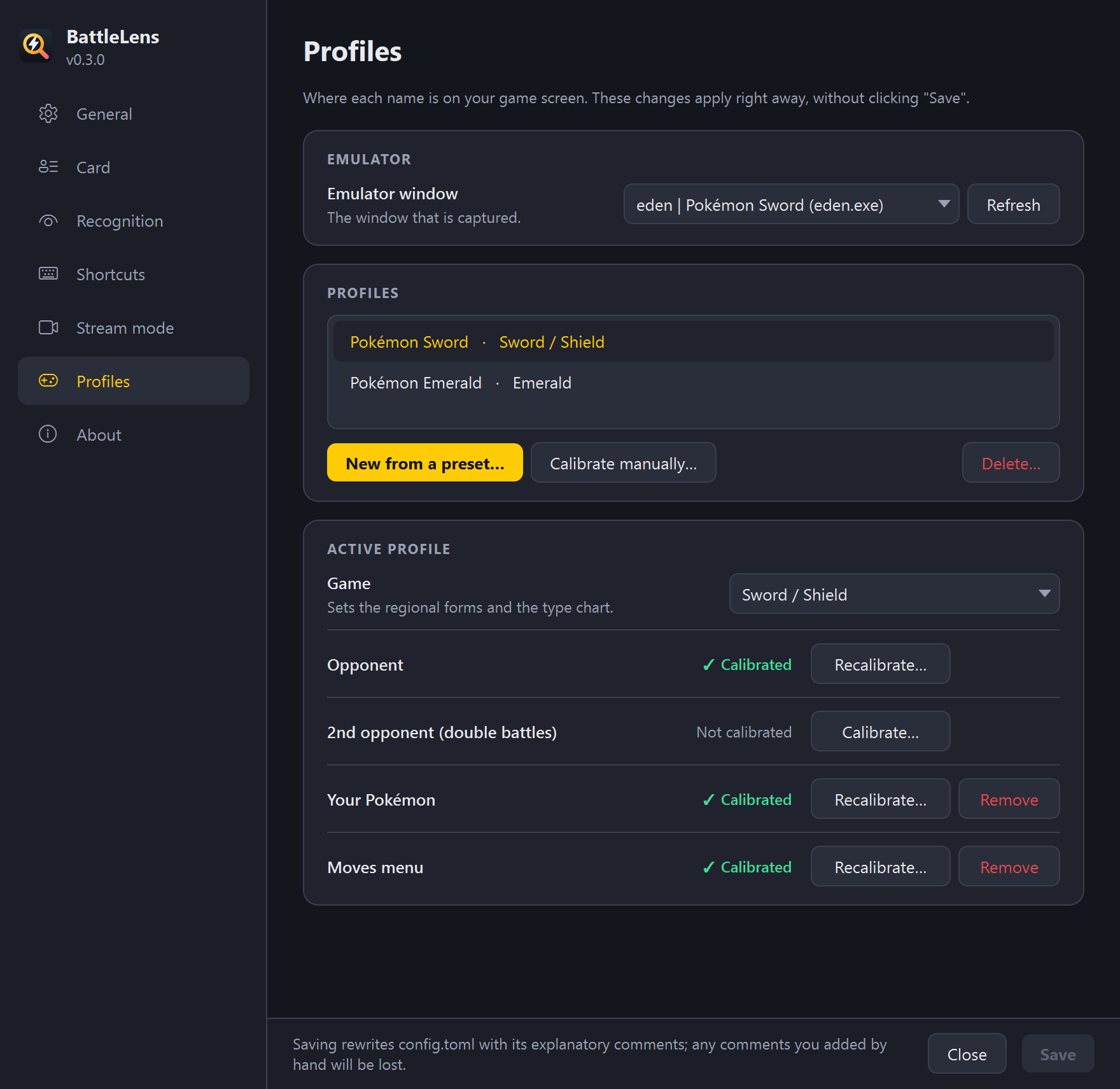 Settings, Profiles section, with the active profile's regions