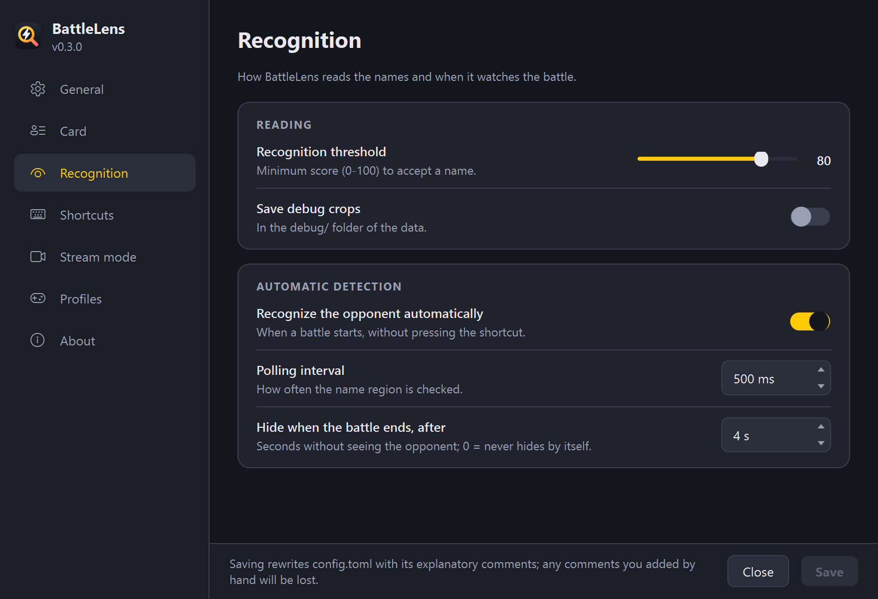 Settings, Recognition section
