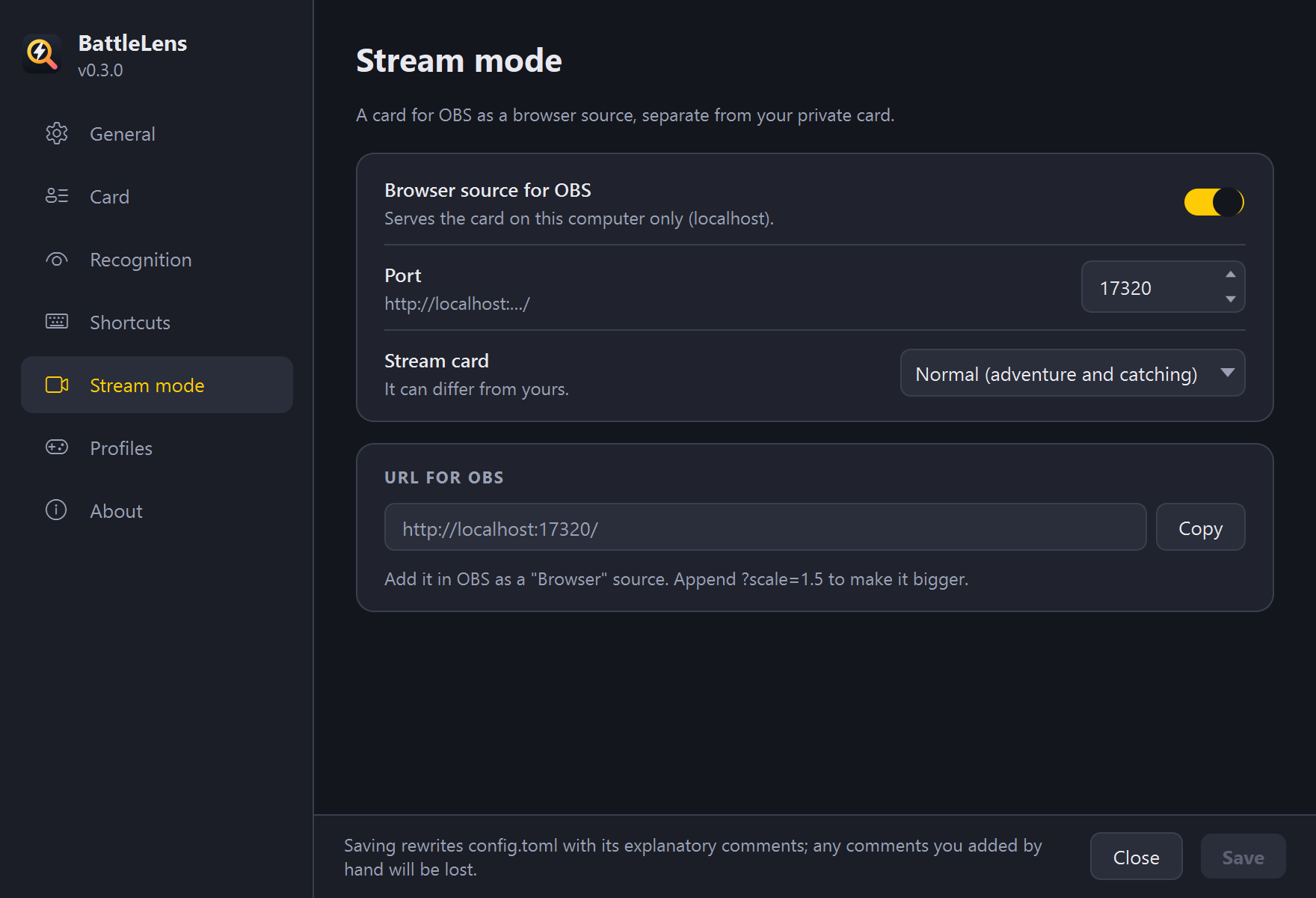 Settings, Stream mode section, with the URL for OBS