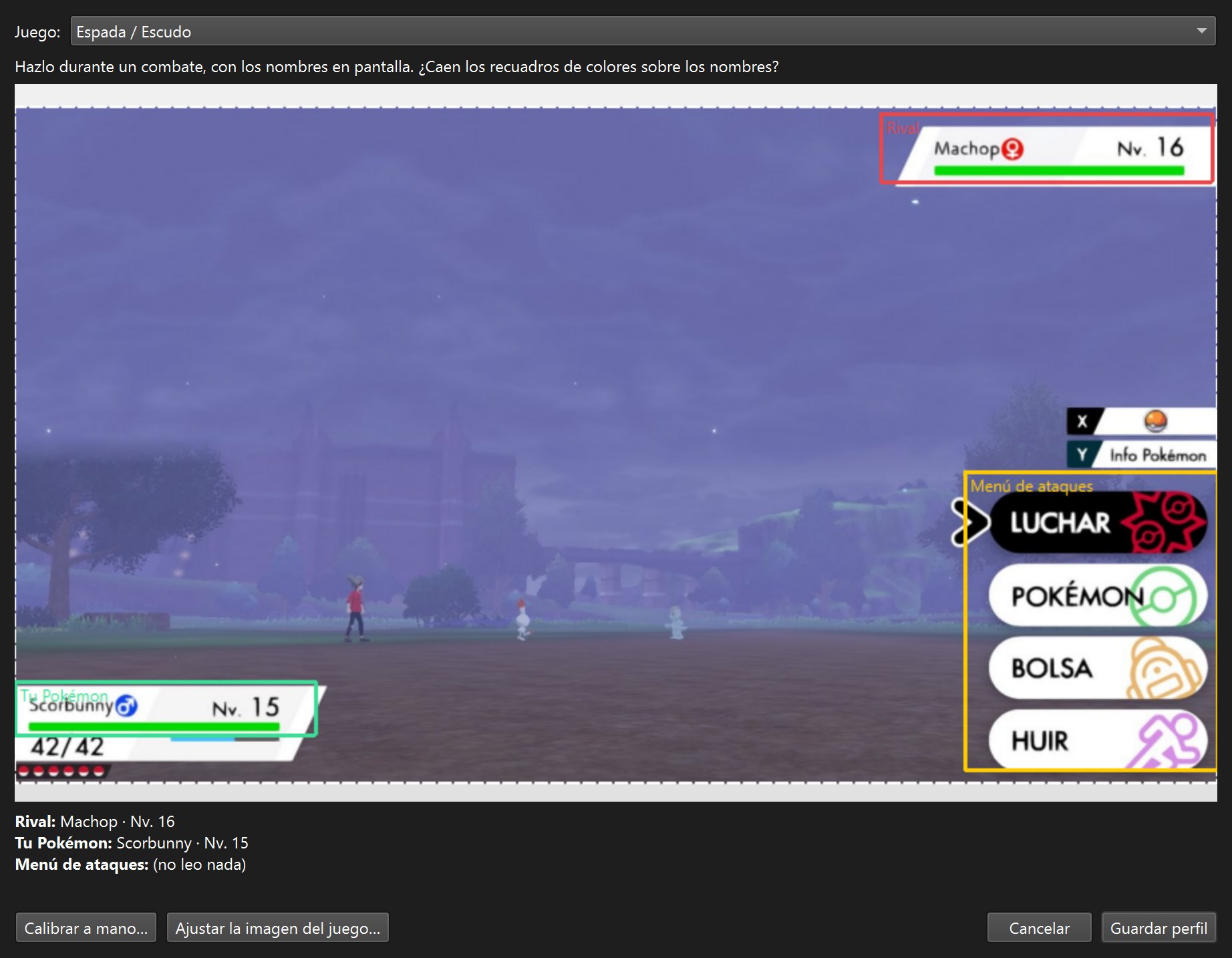 Asistente de presets con los recuadros del rival, de tu Pokémon y del menú de ataques sobre una captura de Pokémon Espada