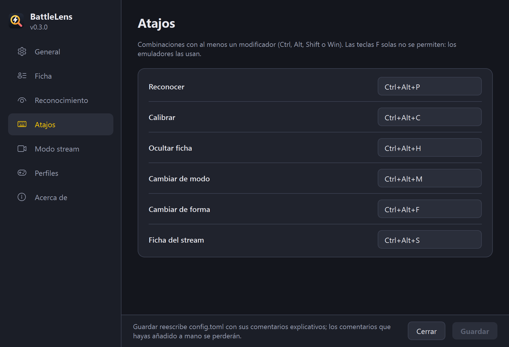 Ajustes, sección Atajos