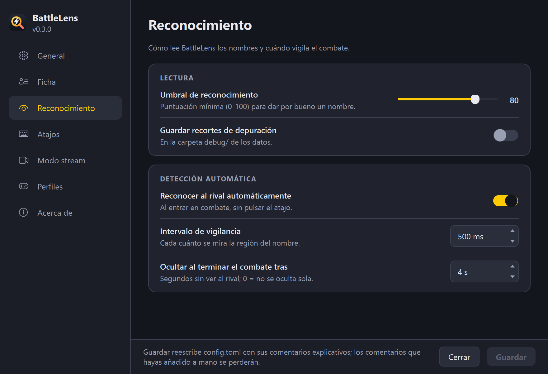Ajustes, sección Reconocimiento