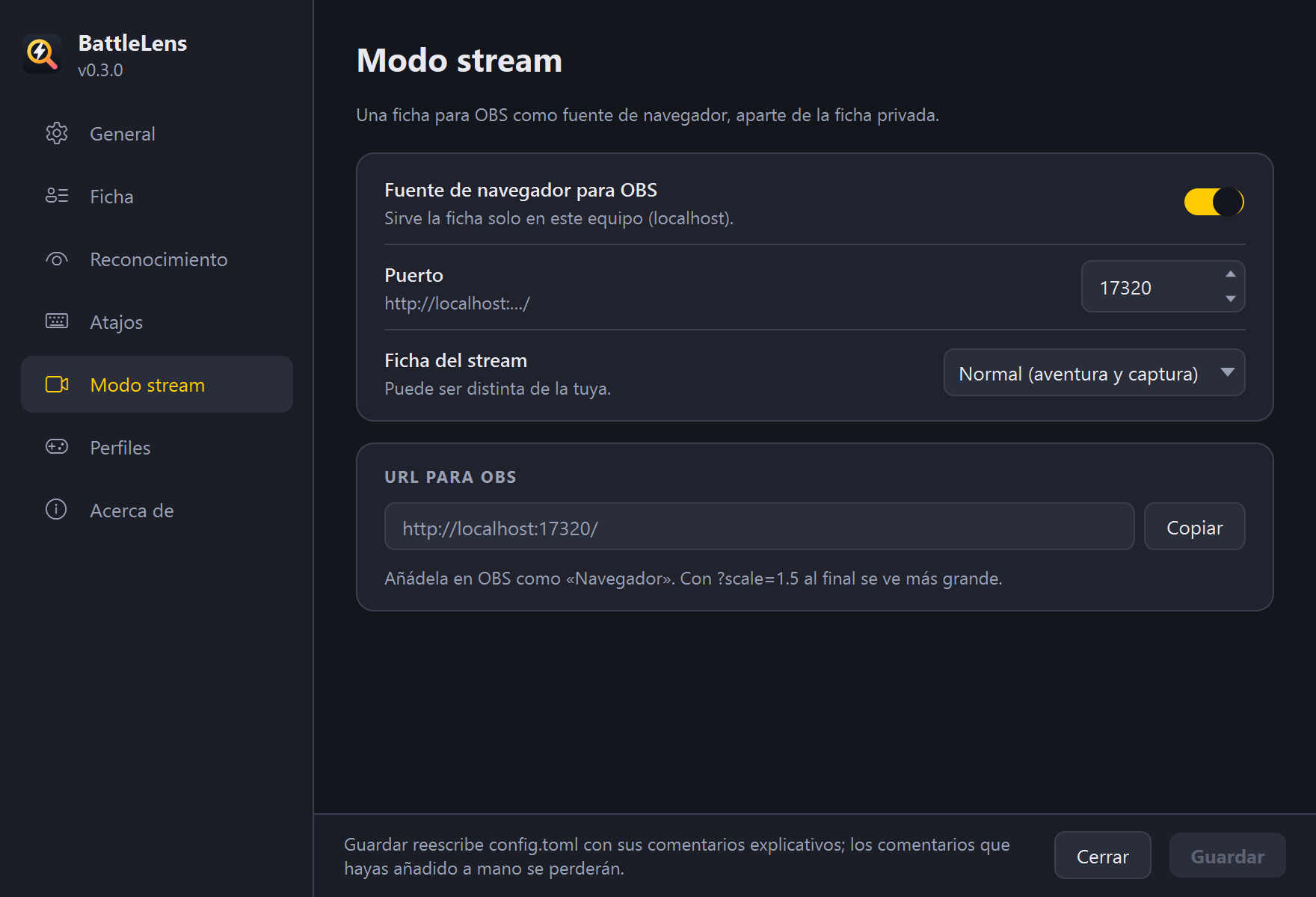 Ajustes, sección Modo stream, con la URL para OBS